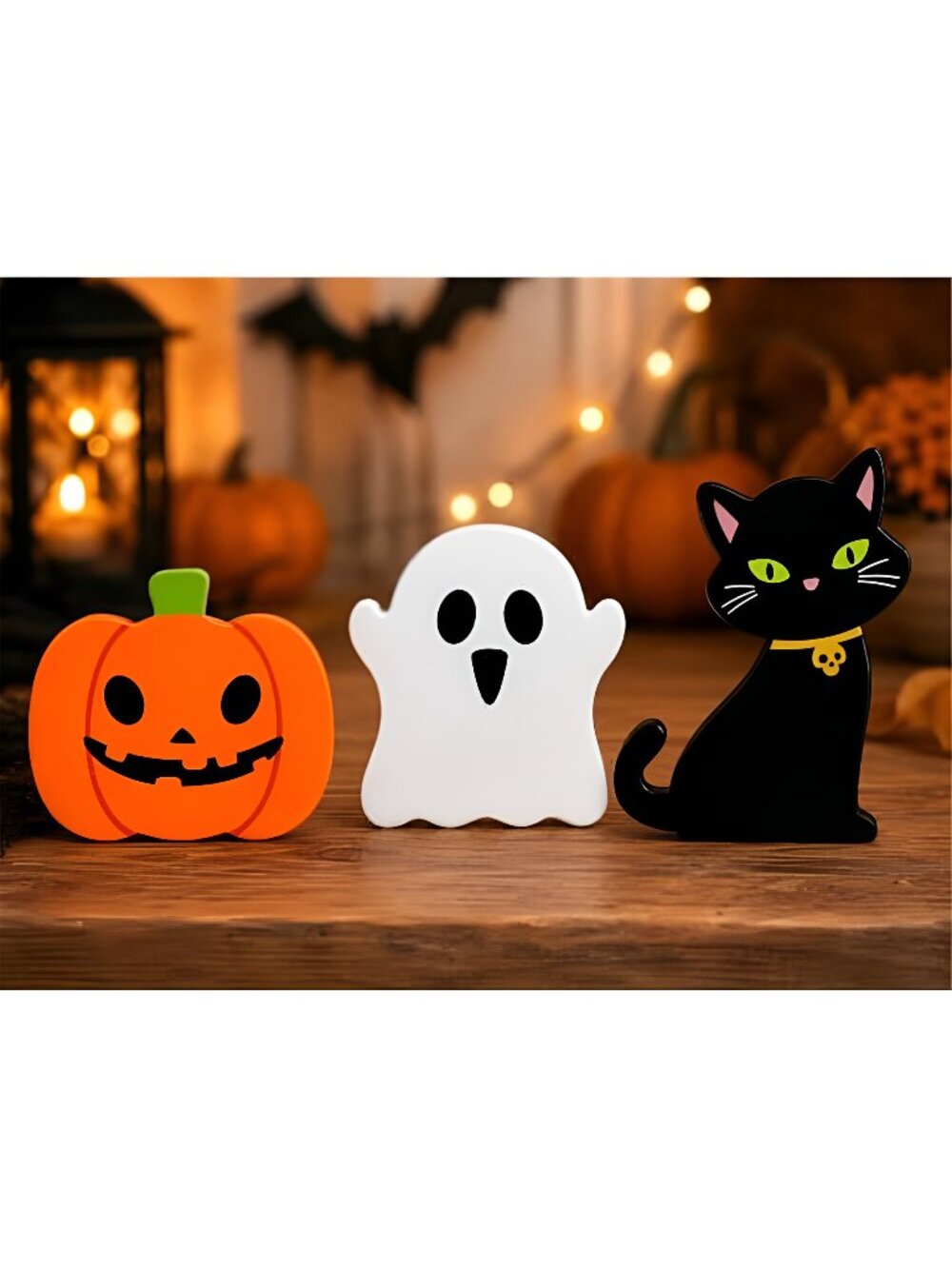 Halloween Decorations for Indoor Home 3 Pcs, Cute Wooden Pumpkin Ghost Black